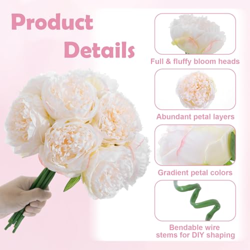 10PCS Off White Realistic Silk Peonies Bouquet, Waterproof & UV Resistant Faux Peony Flowers, All-Weather Artificial Stems for Outdoor, Grave, Wedding Centerpiece & Home Decor - color: Off White