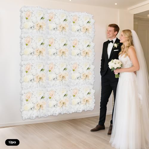 Artificial Flower Wall Panels, Set of 12 White Dahlia Rose Hydrangea Backdrop, Silk Fabric with 100 Cable Ties, Reusable Party Wedding Home Wall Decor (15x16 Inch) - color: White