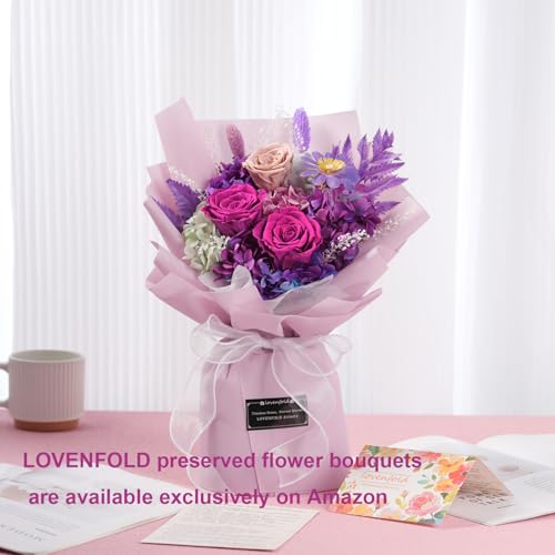 lovenfold Preserved Flowers for Delivery, Purple Rose Bouquets That Last 1-3 Years, Birthday Flowers Gifts for Women Mom Grandma Wife Friends - color: violet