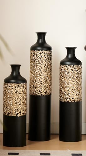 Tall Floor Vases Set of 3 for Decor Living Room Floor, Black and Gold Vases Home Decor, Embossed Body Pattern, 28.7" H/24.8" H/20.8" H Geometric Cylinder (Gold 5) - color: Gold 5