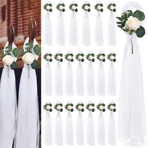 20 Sets Wedding Aisle Decorations, 39.4 Inches Artificial Silk Rose Flowers with Long Tulle Tails for Church Pew Chair Bench, Ceremony Reception Party Bridal Shower Arrangements - Champagne - color: Champagne