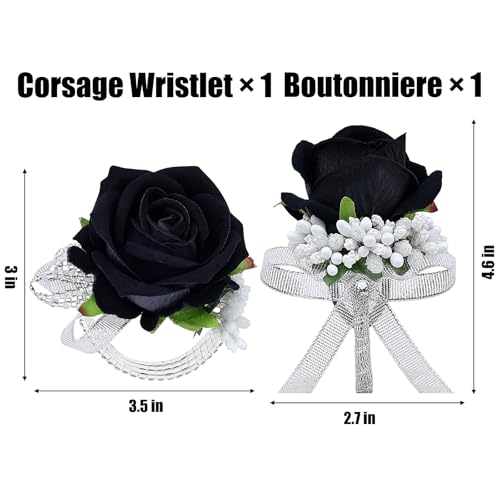 2Pcs Black Rose Corsage and Men Boutonniere Set Women Wristlet Band Wrist Bracelets, for Prom Wedding Ceremony Flowers Decorations and Homecoming Party Accessories - color: Black, size: 1 Boutonniere & 1 Wrist Corsage