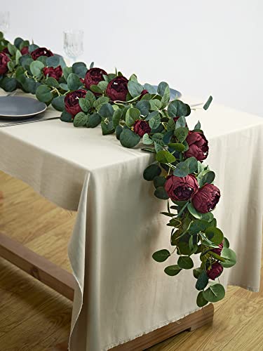 MISSPIN Artificial Eucalyptus Garland with Flower Vintage Faux Peony Rose Vine Greenery Decorative Table Centerpieces for Spring Wedding Arch Door Arrangement Party Decor - color: Red-23