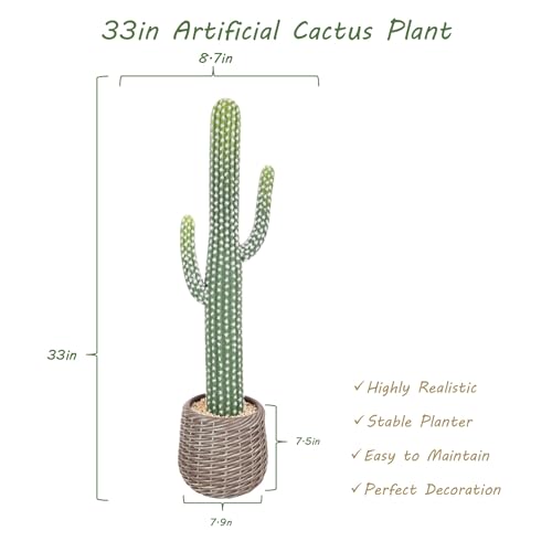 33 Inch Tall Realistic Cactus Plant Artificial with Plastic Woven Planter Decoration Indoor, Lifelike Fake Cactus Plant for Home Office Garden Store Porch Patio Decor. - size: 33 Inch