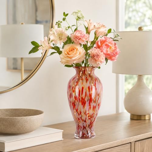 11.8" Tall Hand Blown Red Art Glass Vase, Multicolor Glass Vase, 2.5" Opening for Flowers, Centerpiece Decor for Living Room, Dining Table, Mantel Shelf, Pampas Grass (Red White) - color: Red White