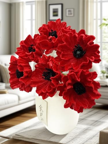 Artificial Poppy Flowers Bouquet High Quaulity Fresh Luxury Vintage PU Faux Silk Flowers - Large Real Touch Blooms for Wedding Birthday Home Decor Table Centerpiece Vase (6, Red) - color: Red