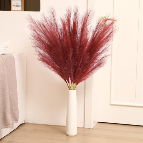 Wertuirk Burgundy Pampas Grass Decor, 8 Pcs 45 Inch Tall Large Faux Pompous Grass, Long Artificial Flowers for Floor Vases, Wedding Centerpieces, Baby Shower and Home Decoration (Burgundy) - color: Burgundy