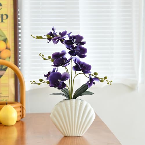 Artificial Phalaenopsis Orchid Plant in Seashell Pot, 16" Fake Orchid Flowers, Silk Faux Orchids for Home Decor, Office, Table Centerpiece, Real Touch Lifelike Indoor House Plant (Deep Purple) - color: Deep Purple