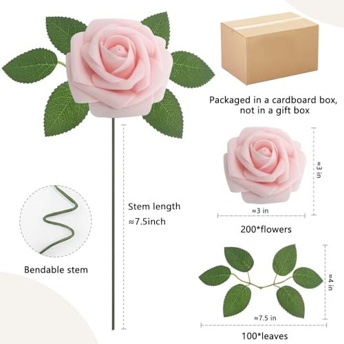 200PCS Light Pink Realistic Roses - Artificial Latex Foam Flowers with Bendable Stems & 100PCS Leaves for Wedding, Home and Party DIY Decor - color: Light Pink, size: 200