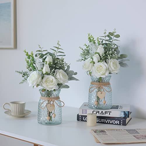 Faux Flowers with Vase,Artificial Silk Roses in Vase, Fake Plant Eucalyptus Flower Arrangement for Home Office Farmhouse Bathroom Dining Table Centerpiece Decorations Coffee Table Decor (White) - color: White