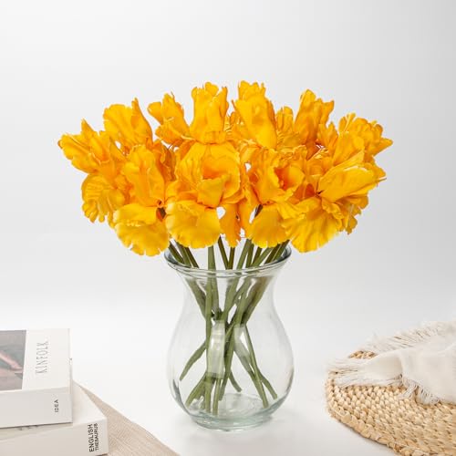 Hollyone Iris Artificial Flowers 15Pcs Faux Iris Yellow Flowers 14.2" Real Touch Fake Flowers Picks Bouquets for Wedding Bridal Home Arrangements Office Table Centerpieces Decor - color: Yellow