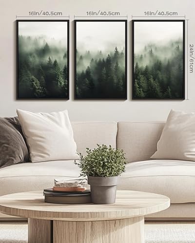 PHOPAGO Green Fog Pine Tree Framed Wall Art Large 16x24in Nature Misty Nordic Forests Artwork Morden Paints for Living Room Home Office Decor - Black Framed - color: Green Pine Forest, size: 24L" x 16W" x 3 Pcs Black