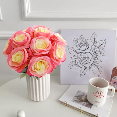 10 Pcs Rose Red Rose Artificial Flower, Faux Silk Flowers With Long Stems, Fake Roses Bulk Bouquet for Decoration Valentine's Day Centerpieces Proposal Bridal Bouquets Shower Party Home Floral Decor - color: Rose Red