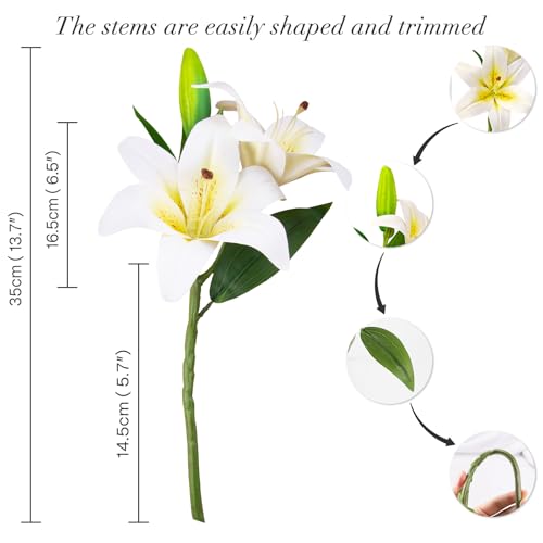 18 Artificial Lily Flowers with 12 Heads Fully Bloomed Lilies and 6 Buds, Short Stem Tiger Lily Artificial Flowers for Home Hotel Flower Arrangement Party Decor (White) - color: White