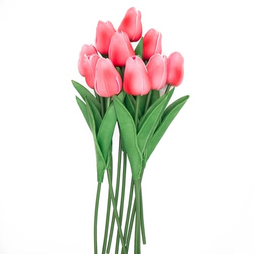 Pink Flowers Fake Tulips Artificial Flowers, 13 Inch Real Touch Tulip PU Flowers for Decoration, DIY Vase, Mother's Day Easter Valentines Gifts 10 Pcs - color: Pink2