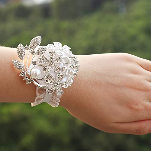 WANLIAN Wrist Corsage with Peal and Rhinestone Prom Corsages Wrist for Wedding,Wedding Ceremony Anniversary,Party (Silver White，Wrist Corsage) - color: Silver White，wrist Corsage