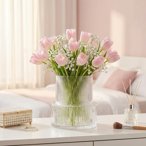 Ribbed Glass Vase, Flower Vase, Fluted Clear Vases for Flowers, Modern Vases for Living Room, Dining Table, Entryway, Shelf, Wedding, Office, Coffee Table, Birthday, 7.5 Inches - color: Clear, size: Ribbed 7.5 Inches