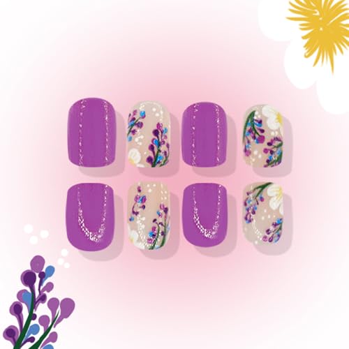 Flower Press on Nails Short Square Fake Nails Purple False Nails with Purple Floral Designs Full Cover Stick on Nails Glue on Nails Flower Nails Acrylic Nails for Women Girls 24 Pcs - color: Flower Square23