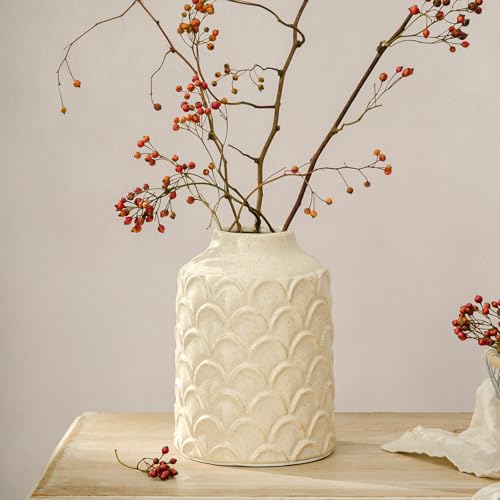 Ceramic Flower Vase, 7.28” Rustic Farmhouse Decorative Vase for Home Decor, Beige Textured Pottery Vase for Pampas Grass, Living Room, Entryway, Mantel, Kitchen Table, Centerpiece - color: 201-white
