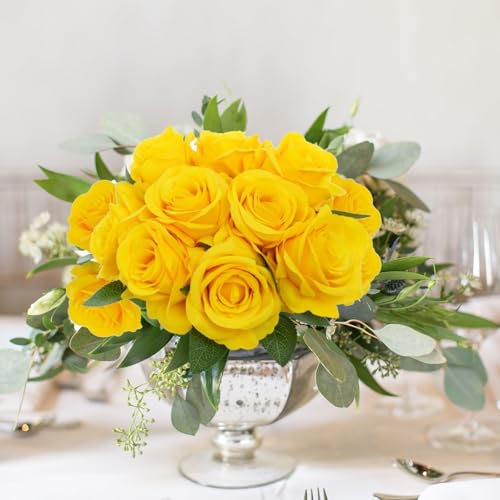 Felice Arts 12 Pack Yellow Spring Flowers Artificial Roses Silk Roses with Stems Fake Flowers Bouquet for Wedding Mother's Day Table Vase Home Office Kitchen Party DIY Decor - color: Yellow
