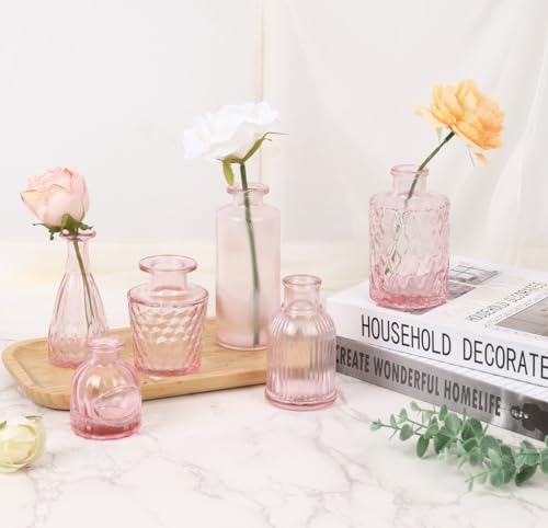 36pcs Pink Glass Bud Vase Set, Small Flower Vases for Centerpieces in Bulk, Mini Vintage Vase for Home, Wedding, Table Decor - color: Pink, size: 36pcs