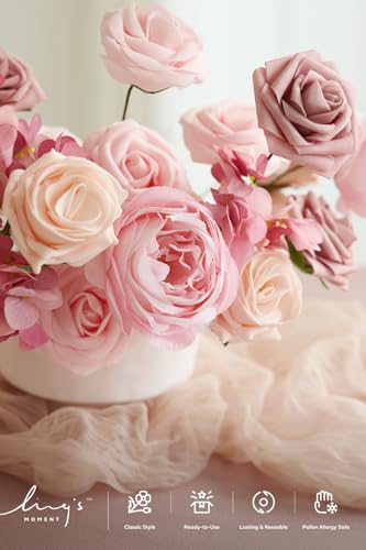 Ling's moment Artificial Flowers Fake Silk Hydrangea Foam Roses Faux Gardenia Combo for DIY Wedding Bouquets Centerpieces Arrangements Bridal Shower Party Home Decorations, Pink & Blush, 24pcs - color: Pk-pink & Blush
