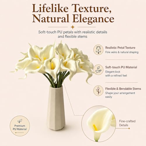 Mandy's 20pcs Cream Calla Lily Artificial Flowers | 13.5 Inch PU Realistic Bouquet for Vase Elegant Home Decor Centerpiece Wedding Bridal Bouquet Table Decoration - color: Cream