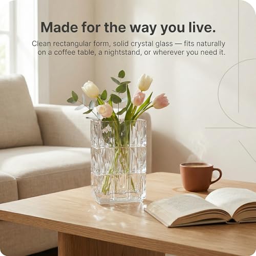 Clear Crystal Flower Vase Heavyweight Glass Centerpiece Modern Rectangular Decorative Vases for Living Room Minimalist Home Decor Securely Packaged 5.1x3.11x7.88 in 1 Pc - color: Clear