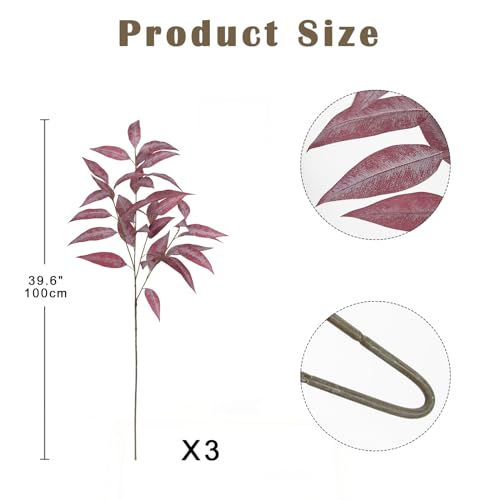 Briful Faux Fall Stems Eucalyptus Stems Artificial Branches for Vase Set of 3 Fake Burgundy Stems Sprays for Home Decor Indoor Party Wedding - color: Burgundy#073