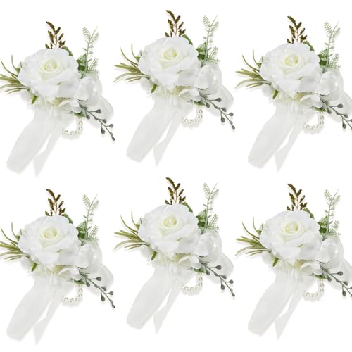 6Pcs White Artificial Rose Wrist Corsages for Wedding Prom | Faux Silk Flower for Homecoming Party Anniversary, Women Wristlet Corsage for Bride Formal Engagement Graduation Gift - color: 6pcs White Wrist Corsages