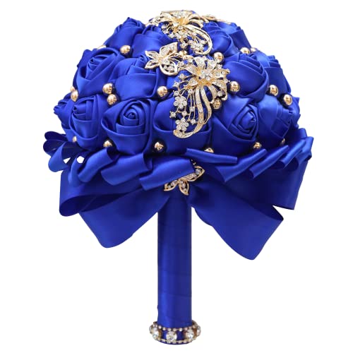 WIFELAI-A Golden Rhinestone Brooch Wedding Flowers Bridal Bouquets Crystal Bride Holding Bouquet White Ivory Satin Roses with Diamond - color: Royal Blue