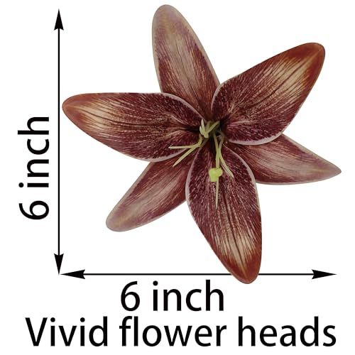 Brown Lilies Artificial Flowers,6 Pcs Faux Lily Flowers,23 Inch Long Stem Tiger Lily Branch with 3 Full Blooms and 4 Leaves, Latex Real Touch Lilium Flower for Wedding Bouquet - color: Brown