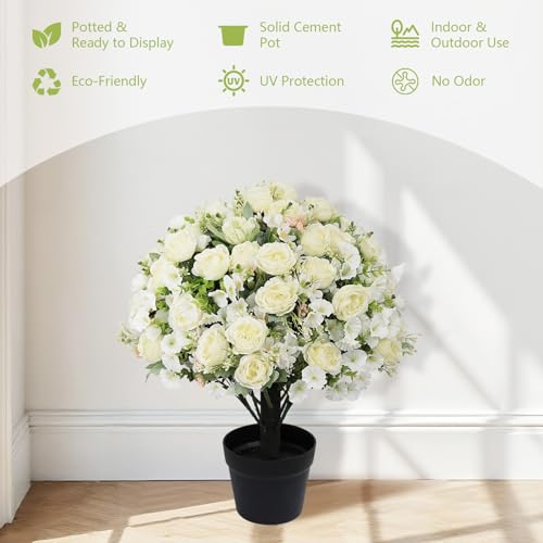24" Artificial Potted Flowers for Outdoors Set of 2 - UV Resistant Faux Champagne Silk Peonies with Eucalyptus Plants in Cement Pots for Outside Front Porch Home Indoor Decor - color: Champagne, size: 24" Classic Peony