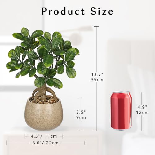 Artificial Bonsai Tree Fake Small Bay Plant with Ceramic Pot Indoor Bonsai | 13.7" Faux Plants Indoor Small Artificial Plants in Pots Fake Potted Desk Plant for Bathroom Office Table Shelf Zen Decor - color: Green Bay&brown Speckled Matte Pot