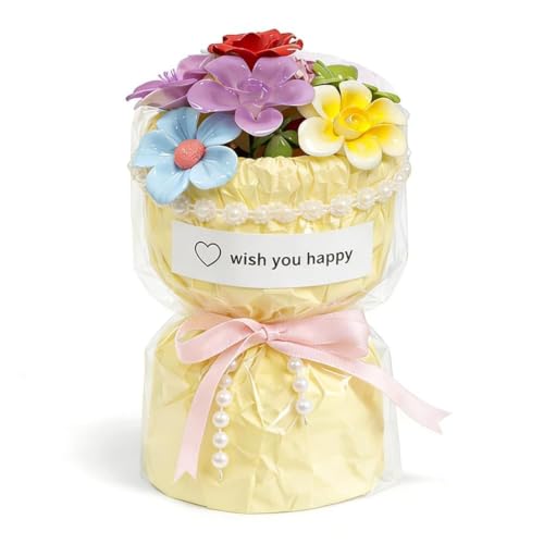 Porcelain Flower Bouquet - Handmade Ceramic Flowers Floral Arrangement, 6 Unique Blossoms, 6 inches Height, Shelf Living Room Decor, Ideal Gift for Mother’s Day, Birthdayr (Yellow-Rose) - color: Yellow-rose