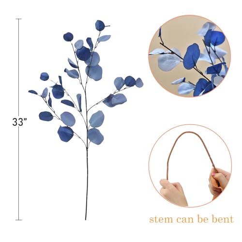 3 PCS Artificial Eucalyptus Stems Long 33" Fake Eucalyptus Leaves Branches for Vase Home Wedding Party Decorations, Blue - color: Blue*3