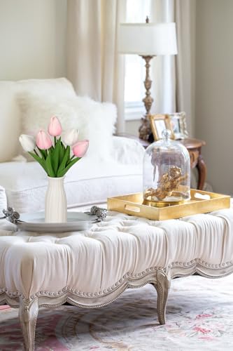 Briful 2 Packs Faux Flowers Artificial Tulips with Ceramic Vase, Poly Foam Pink-White Real Touch Flower Arrangement for Home Kitchen Wedding Centerpiece Decoration - color: Pink White