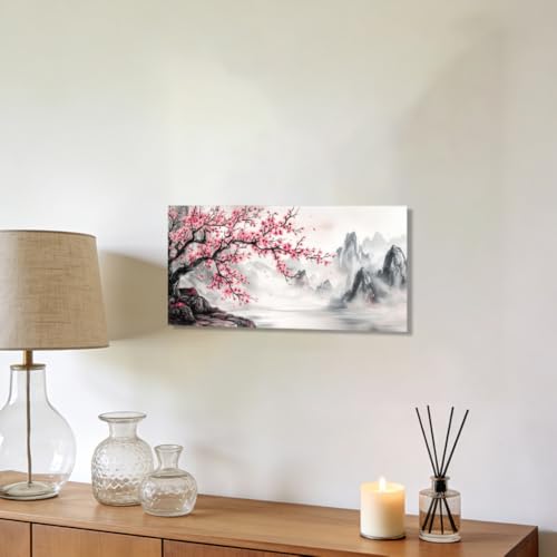QIXIANG Cherry Blossom Mountain Canvas Wall Art Pink Floral Trees Pictures Large Landscape Painting Japanese Decor for Living Room Bedroom Framed (black,20" W x 40" L) - color: black, size: 20"W x 40"L