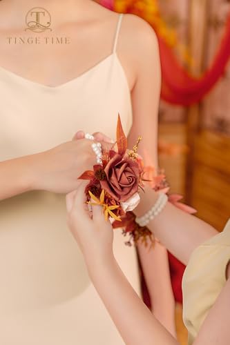 TINGE TIME Set of 2 Wrist Corsage Bracelets Pearl Wristlet Band Bridesmaid Bracelet for Wedding Ceremony Bridal Shower Wedding Artificial Flower Prom (Maple Red) - color: Maple Red