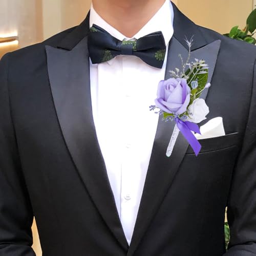 Rose Corsage and Boutonniere Set, 2PCS Handmade Artificial Flower Bride Wrist Corsage Wristlet Bracelets Wristband Men Boutonniere for Wedding Prom Suit Decorations (Purple) - color: Purple