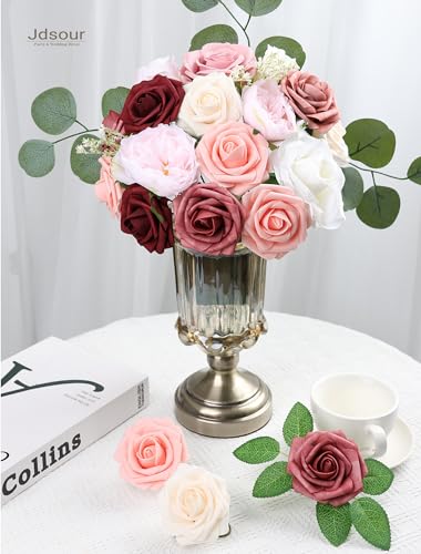 25pcs Artificial Flower，Real Looking Foam Roses w/Stem for DIY Wedding Bouquets Centerpieces Bridal Shower Party Decor-Shades of Burgundy - color: Shades of Burgundy