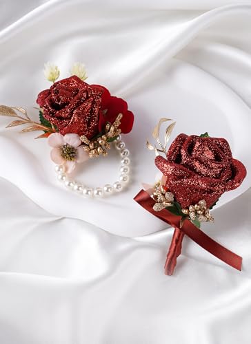 Red Rose Boutonniere and Corsage Set - 2 Pcs Artificial Flowers Corsage Wristlet and Boutonniere Kit for Wedding Prom Party, Anniversary Ceremony - color: Red
