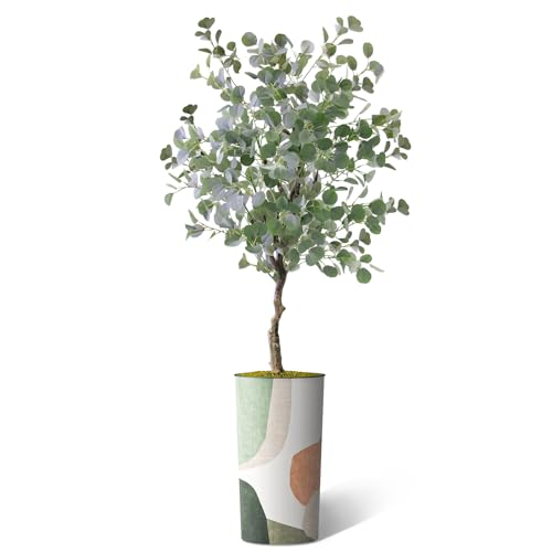 Artificial Tree in Multicolor Textured Geometric Shapes Illustrations Planter, Fake Eucalyptus Silk Tree for Indoor and Outdoor Home Decoration - 66" Overall Tall (Plant Pot Plus Tree) - style: Eucalyptus Tree