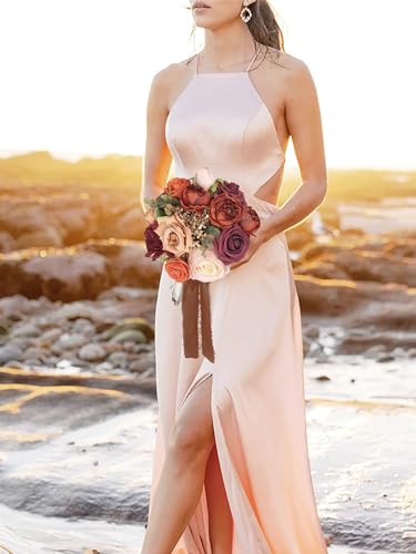 Rinlong Burnt Orange Bridesmaid Bouquet, Terracotta Fall Wedding Bouquets | Silk Bridal Bouquet, Prom, Homecoming, Destination Friendly - color: 13-terracotta & Gold