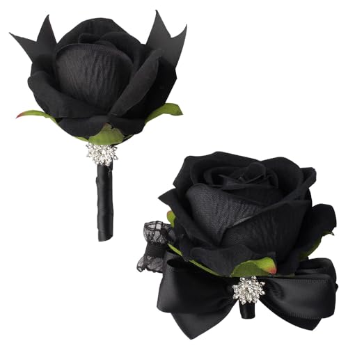 Black Rose Wrist Corsage and Boutonniere Set Rose Corsage Wristlet for Wedding Prom Party Homecoming Decoration Set of 2 (Black) - color: Black