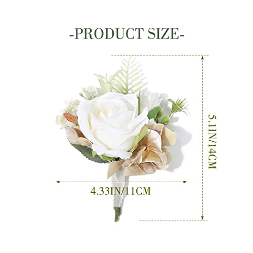 Wedding Flower Boutonniere White Groom Rose Buttonholes Men's Boutineer Party Suit Decoration Prom Anniversary Accessories for Groomsmans and Man (White) - color: White