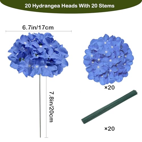 Hydrangea Artificial Flowers, 20 Pcs Royal Blue Hydrangea Artificial Flowers Bulk, Faux Hydrangea Flowers for Outdoor, Fake Silk Hydrangea Flowers with Stems for Wedding Decoration Decor - color: Royal Blue, size: 20 Pcs