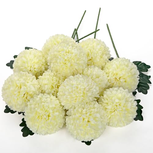 Briful 12 Pcs Artificial Cream White Chrysanthemum Stems – 11” Tall Silk Mums Flower Heads with Green Leaves, Flexible Stems for Fall Floral Pick Arrangements, Home, Wedding & Seasonal Decorations - color: 3.5'' Dia. 12pcs Cream White