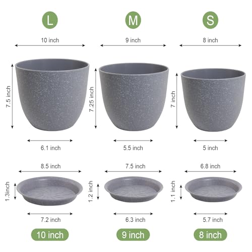 WSMKSZ 10/9/8 inch Plant Pots, Set of 3 Modern Decorative Plastic Planters with Drainage Holes and Saucers for Garden House Plants, Flower Pots for Indoor Outdoor Plants, Speckled Grey - color: Speckled Grey, size: 10"+9"+8"