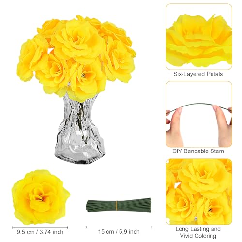 LELEE 108pcs Roses Head Flowers with Stem - Yellow Artificial Flowers Rose Bulk - Silk Rose Fake Flower for Wedding Bouquet Party Home Decor DIY Baby Shower Centerpieces Tables Decoration - color: Yellow